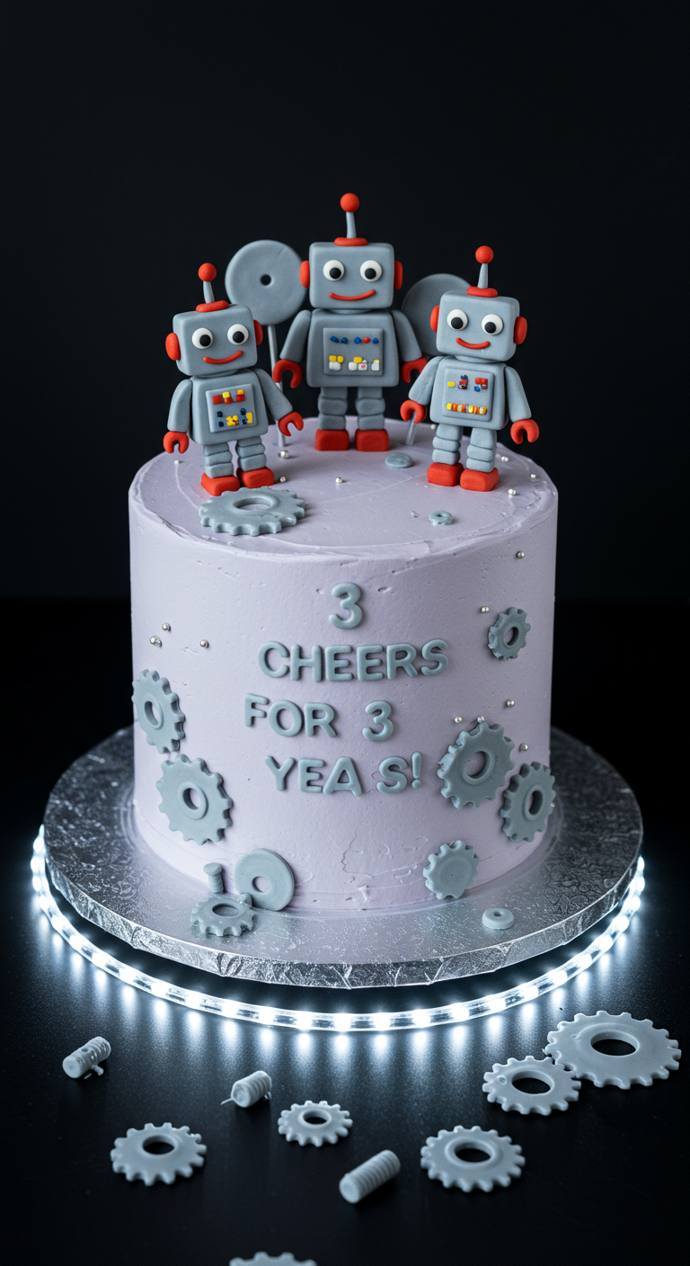 Lilafarbene Torte mit Fondant-Robotern, Zahnrädern und