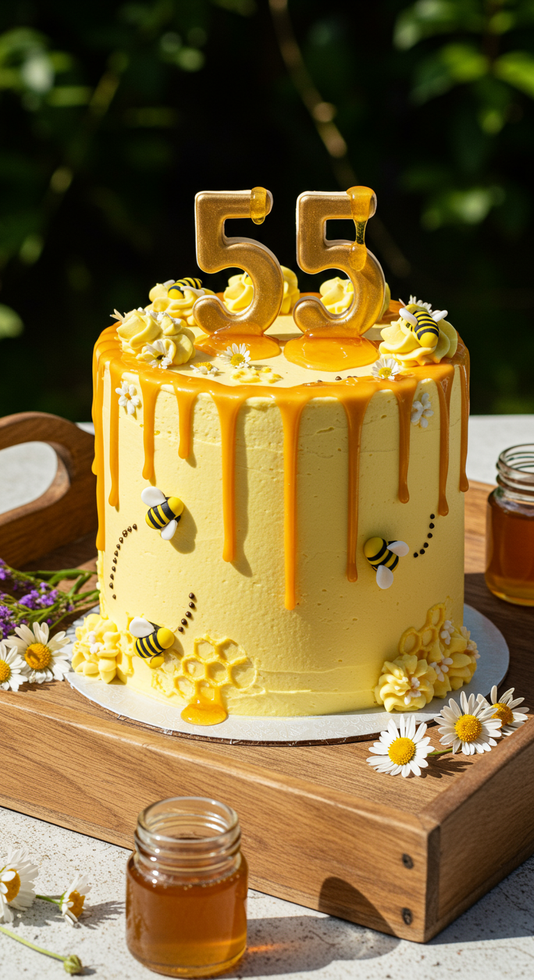 Gelbe Torte mit Honig-Drip, Fondant-Bienen, Waben und Gänseblümchen.
