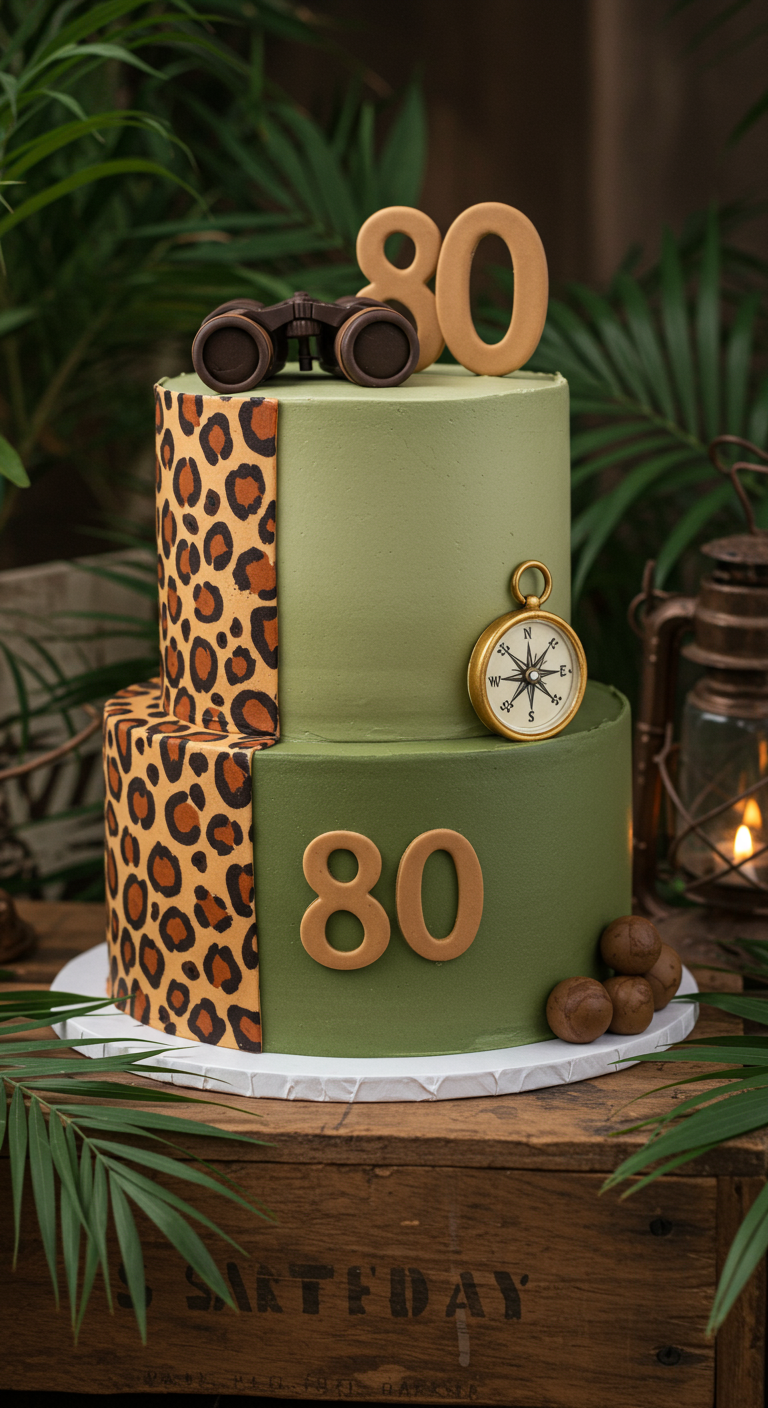 Zweistöckige Torte im Safari-Look mit khakigrüner Creme und Leopardenmuster-Akzenten.