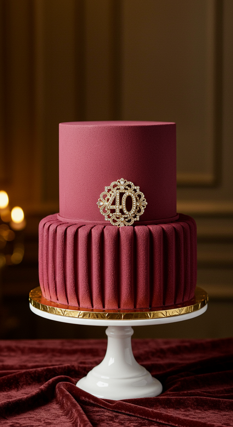 Zweistöckige bordeauxrote Torte, unten plissiert, mit Schmuck-„40“.