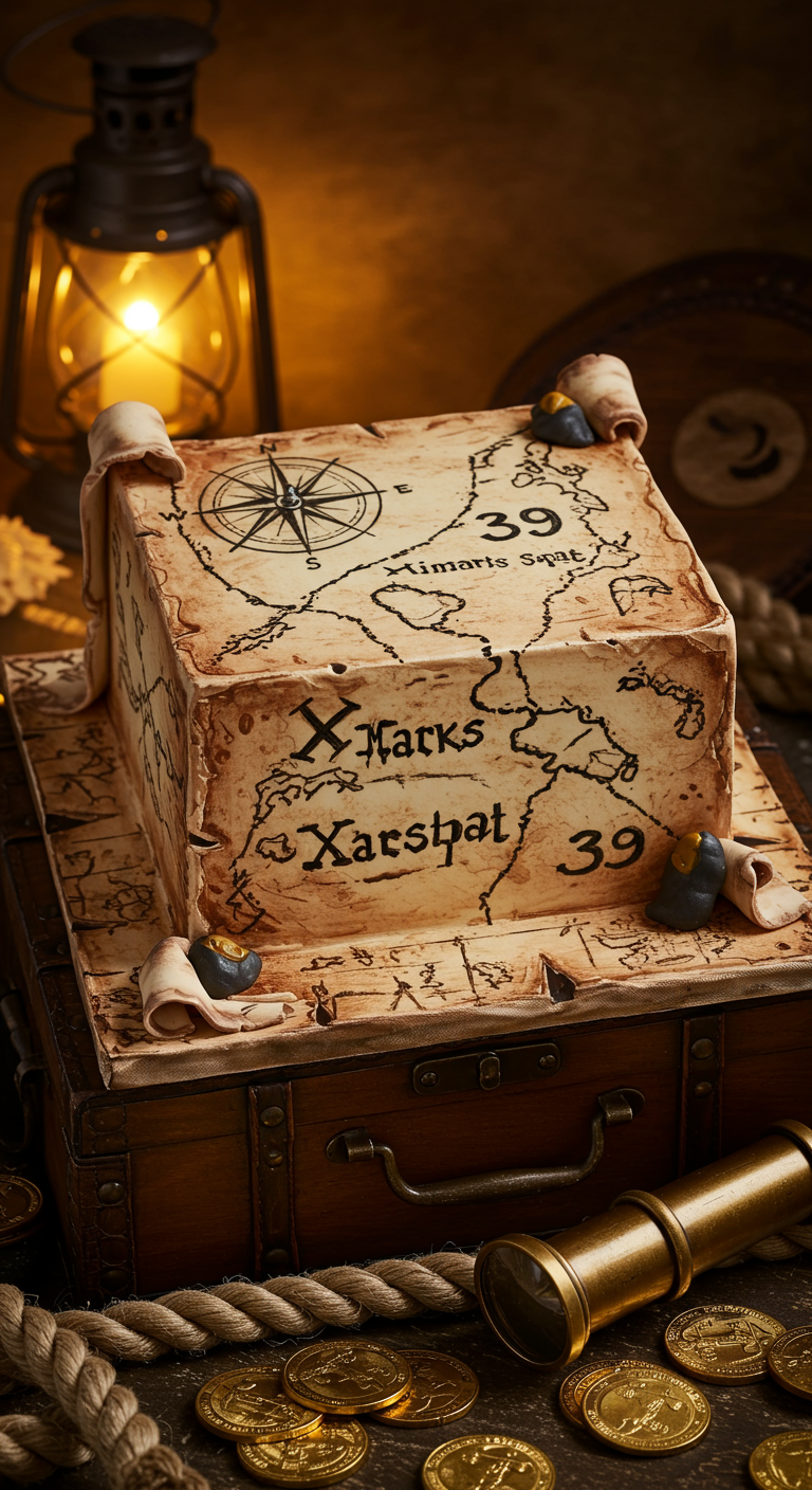 Quadratische Torte als Schatzkarte mit der Zahl 39.