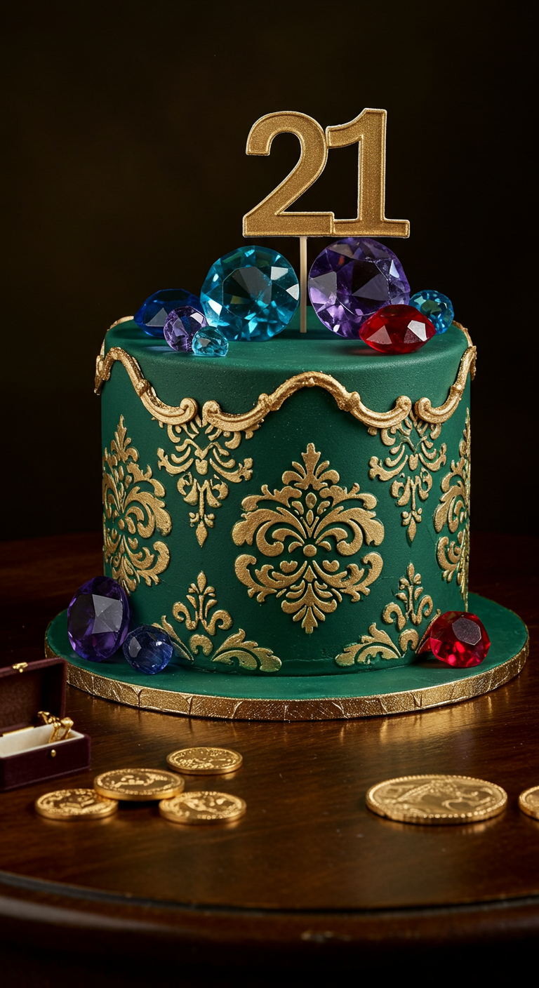 Dunkelgrüne Torte mit goldenem Damastmuster und bunten Zucker-Edelsteinen.