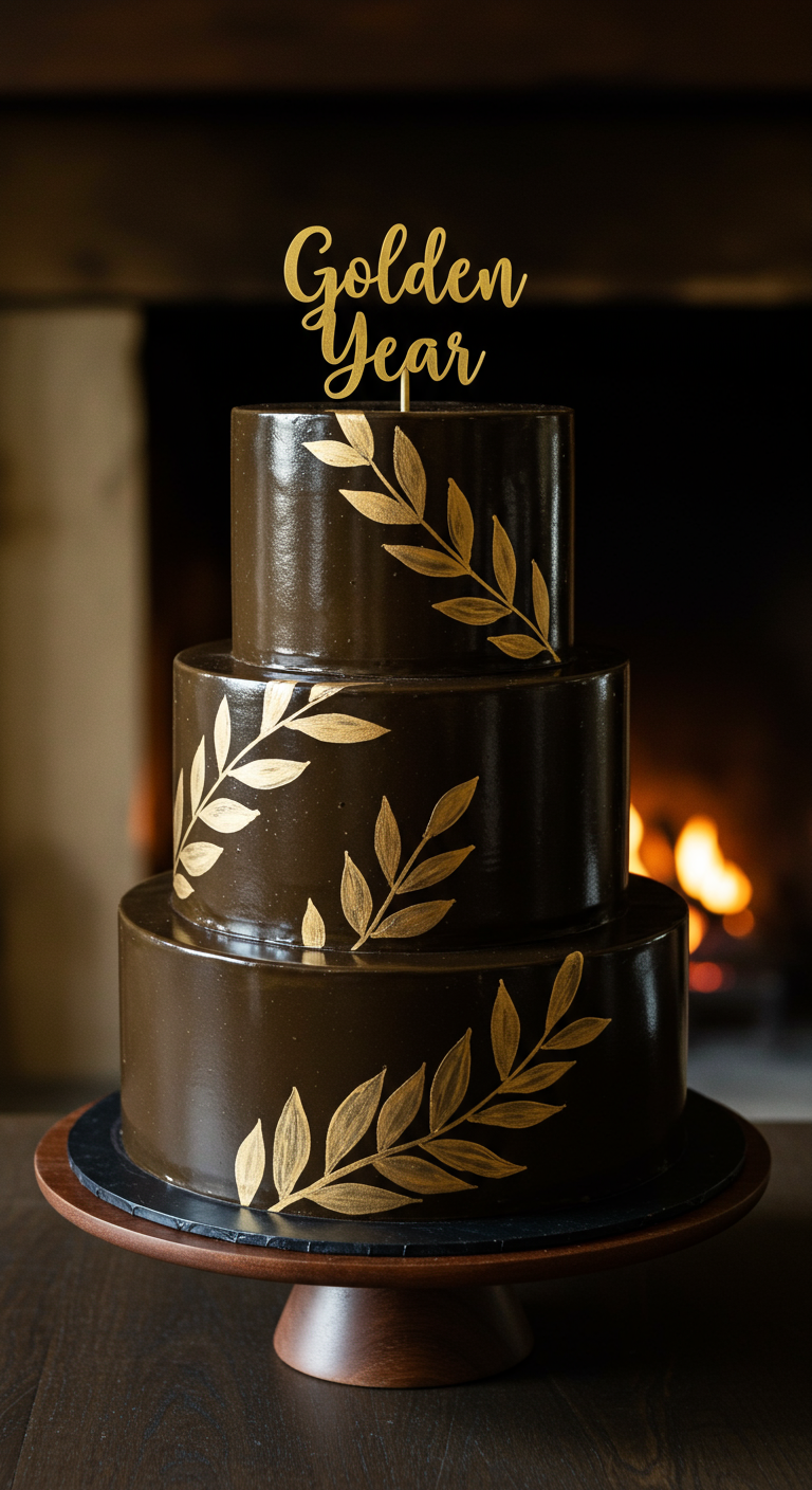 Dunkelbraune, glänzende dreistöckige Schokoladentorte mit goldenen Lorbeerzweigen und 'Golden Year' Topper.