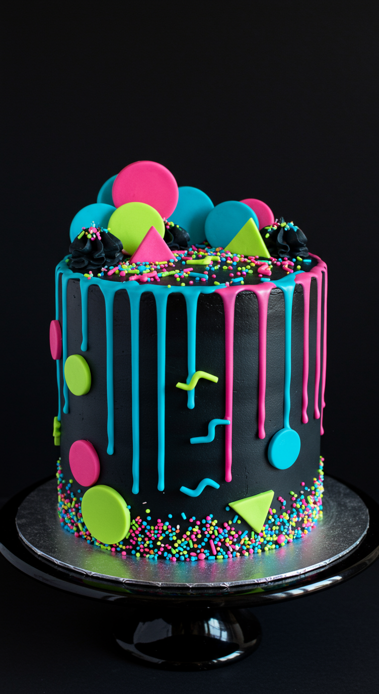 Schwarze Torte mit knallbunten Neon-Drips, Streuseln und geometrischen Formen.
