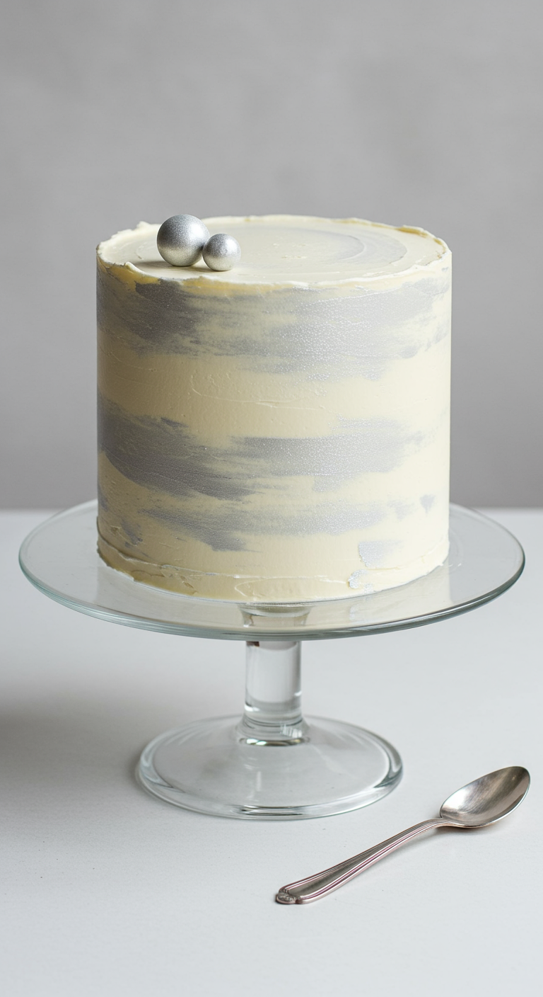 Weiße Torte mit horizontalen Silber-Pinselstrichen, gekrönt von zwei Silberkugeln.
