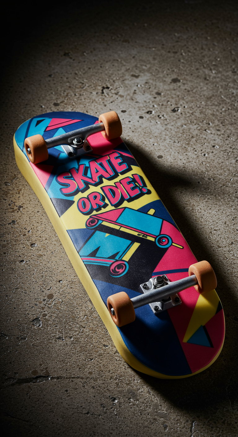 Skateboard-Torte mit buntem 'Skate or Die!' Aufdruck im 80er-Jahre-Stil auf Betonboden