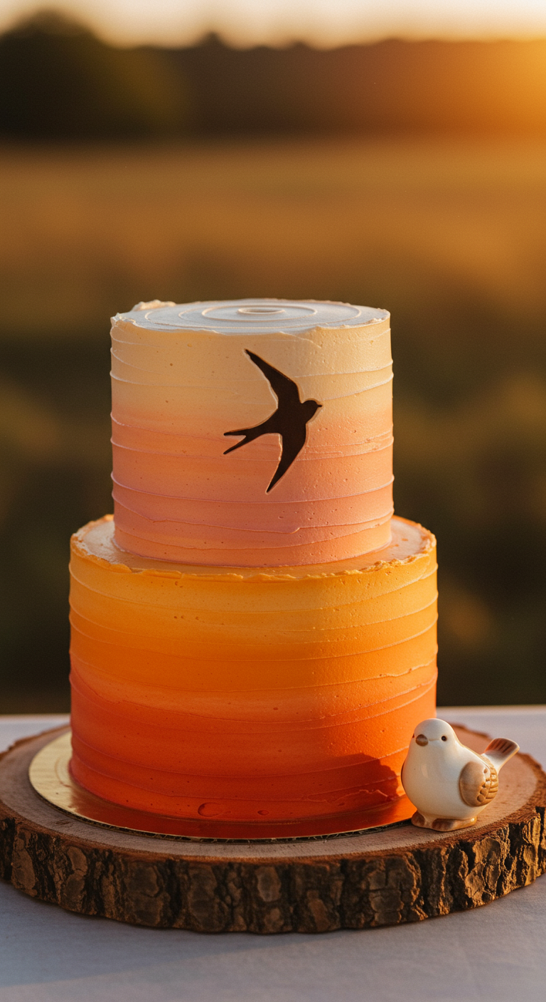 Zweistöckige Torte mit orange-gelbem Sonnenuntergangs-Farbverlauf und einer schwarzen Schwalbensilhouette.