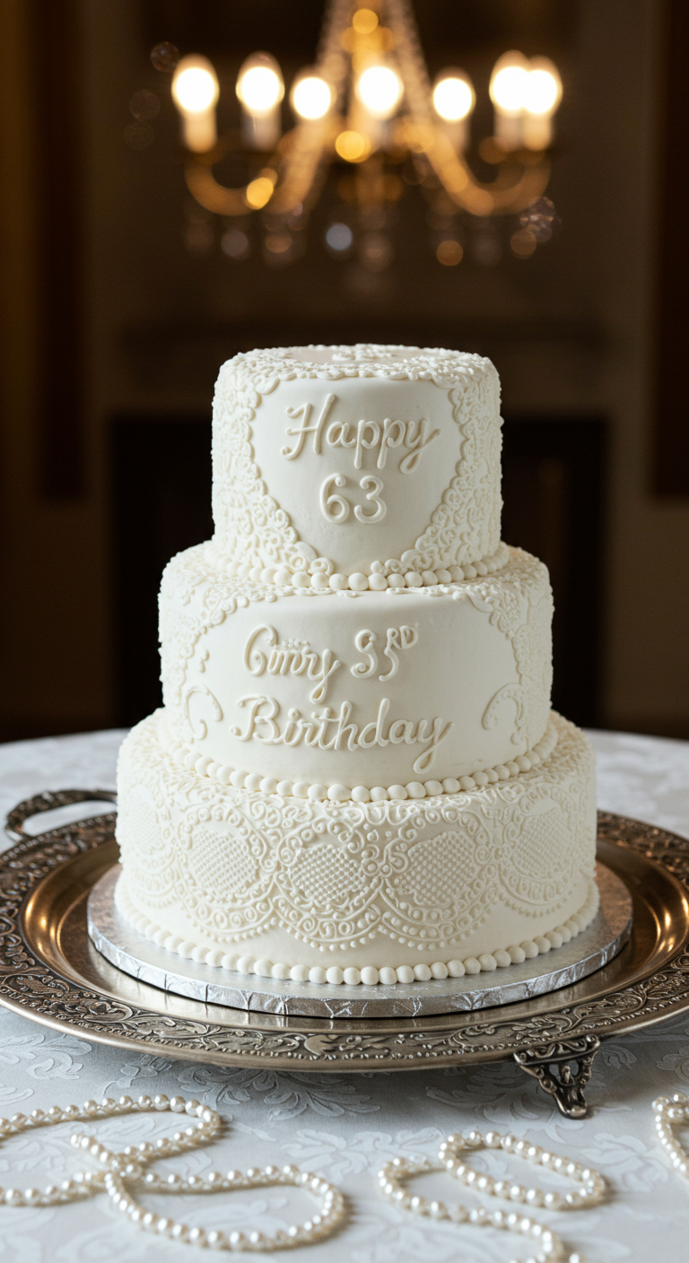 Dreistöckige weiße Torte mit sehr feinen, filigranen weißen Spitzenmustern und Schriftzug.