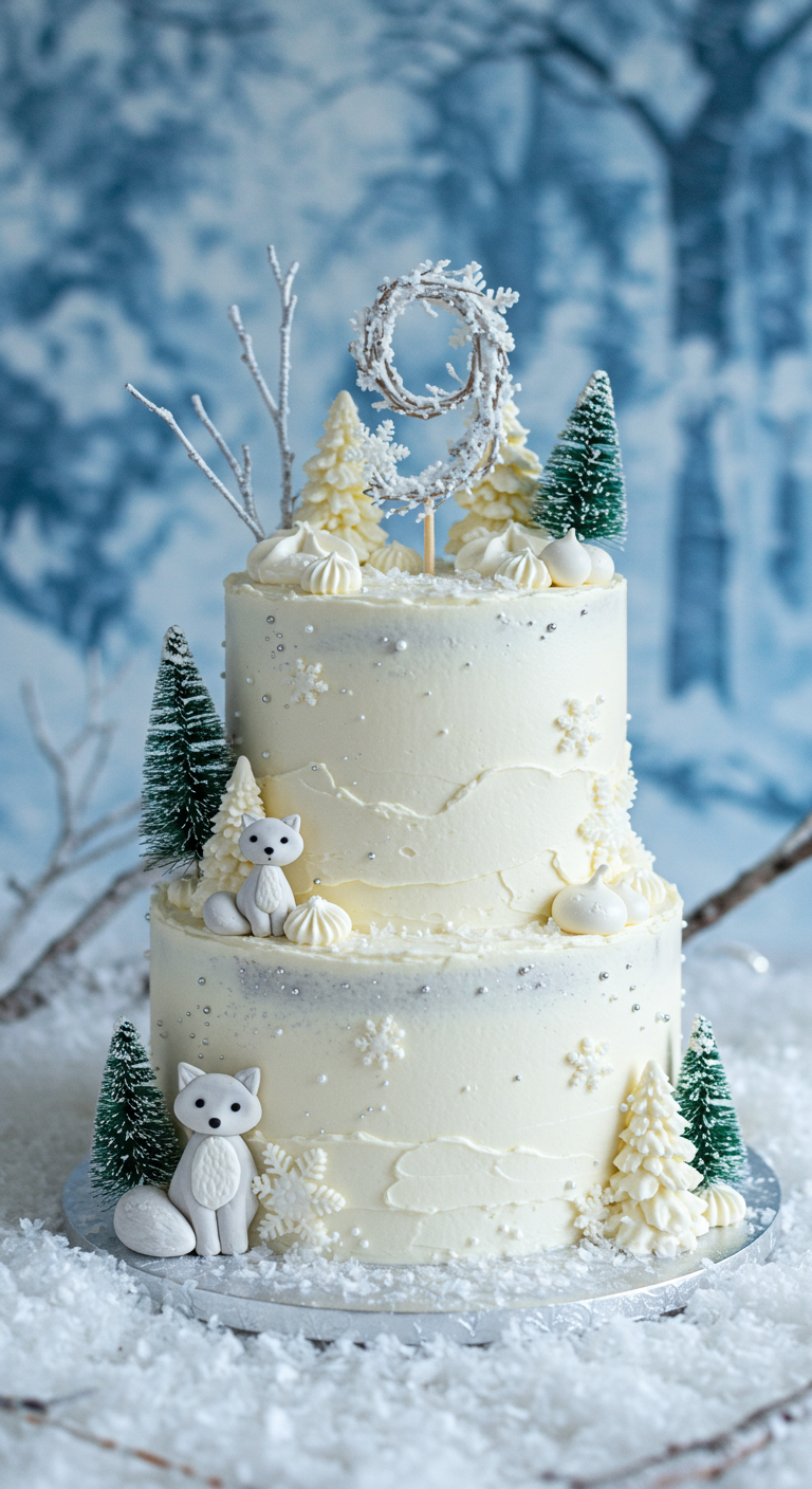 Zweistöckige weiße Wintertorte mit Füchsen, Tannenbäumen und einer aus Ästen geformten Neun.