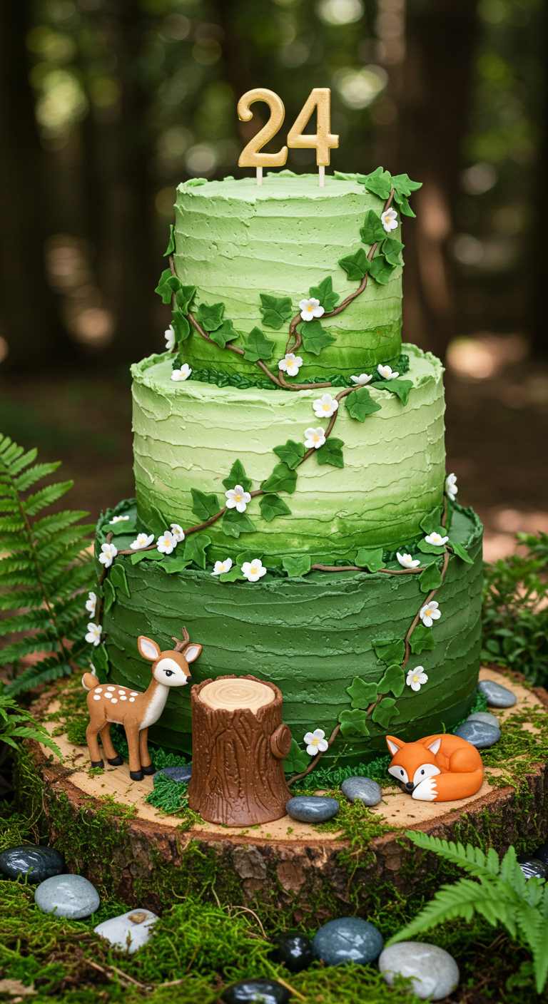 Dreistöckige grüne Waldtorte mit Blätterranken, Tierfiguren (Reh, Fuchs) und goldenem 24-Topper.