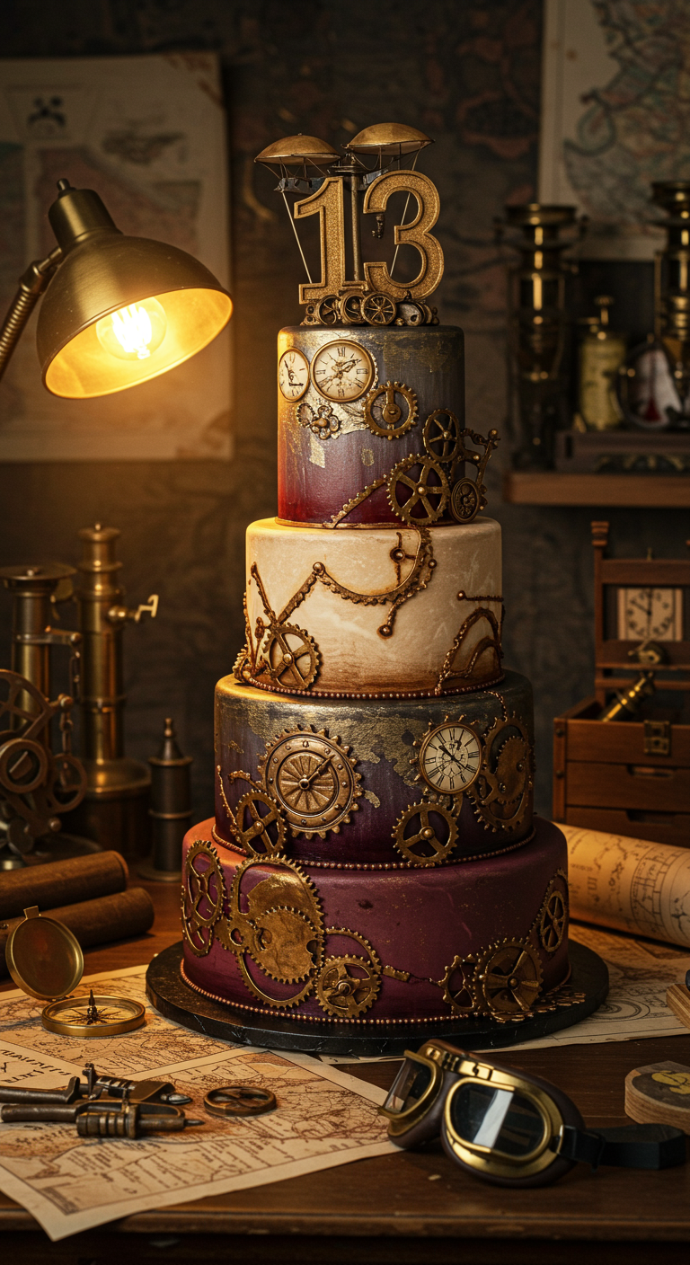 Mehrstöckige Torte im Steampunk-Design mit Zahnrädern, Uhren und metallischen Akzenten.
