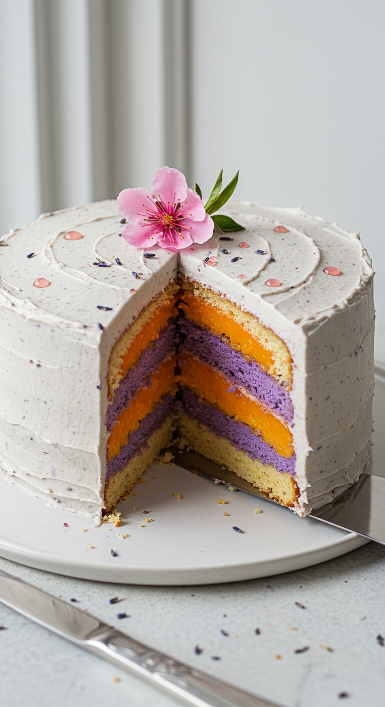 Angeschnittene Torte mit lila und orangen Schichten, weiße Creme mit Lavendel.