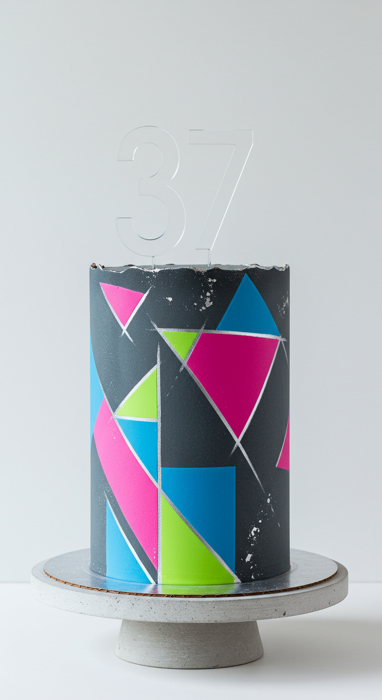Graue Torte mit bunten geometrischen Formen und transparenter „37“.
