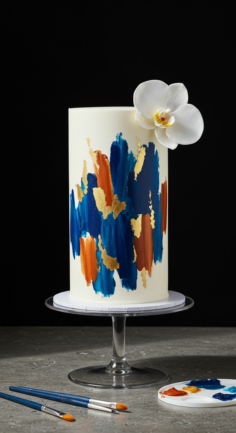 Hohe weiße Torte mit abstrakten blauen, orangen und goldenen Pinselstrichen.
