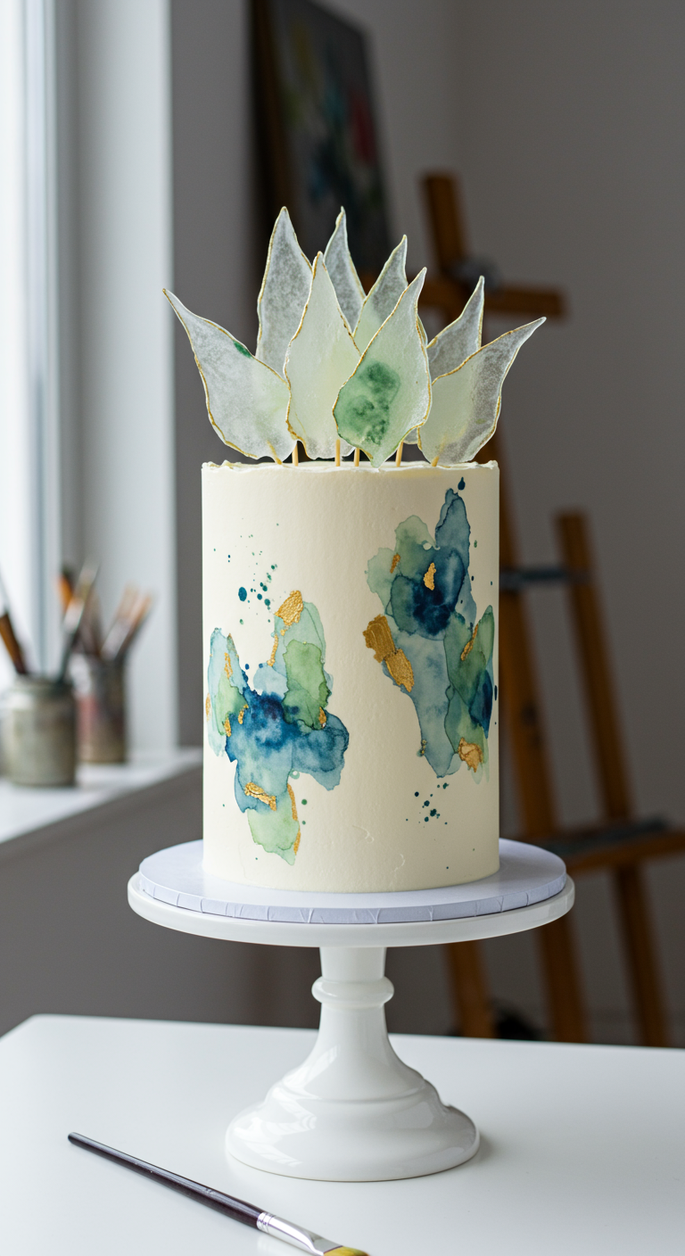 Hohe weiße Torte mit blau-grünen Aquarellflecken und transparenten Esspapier-Segeln.