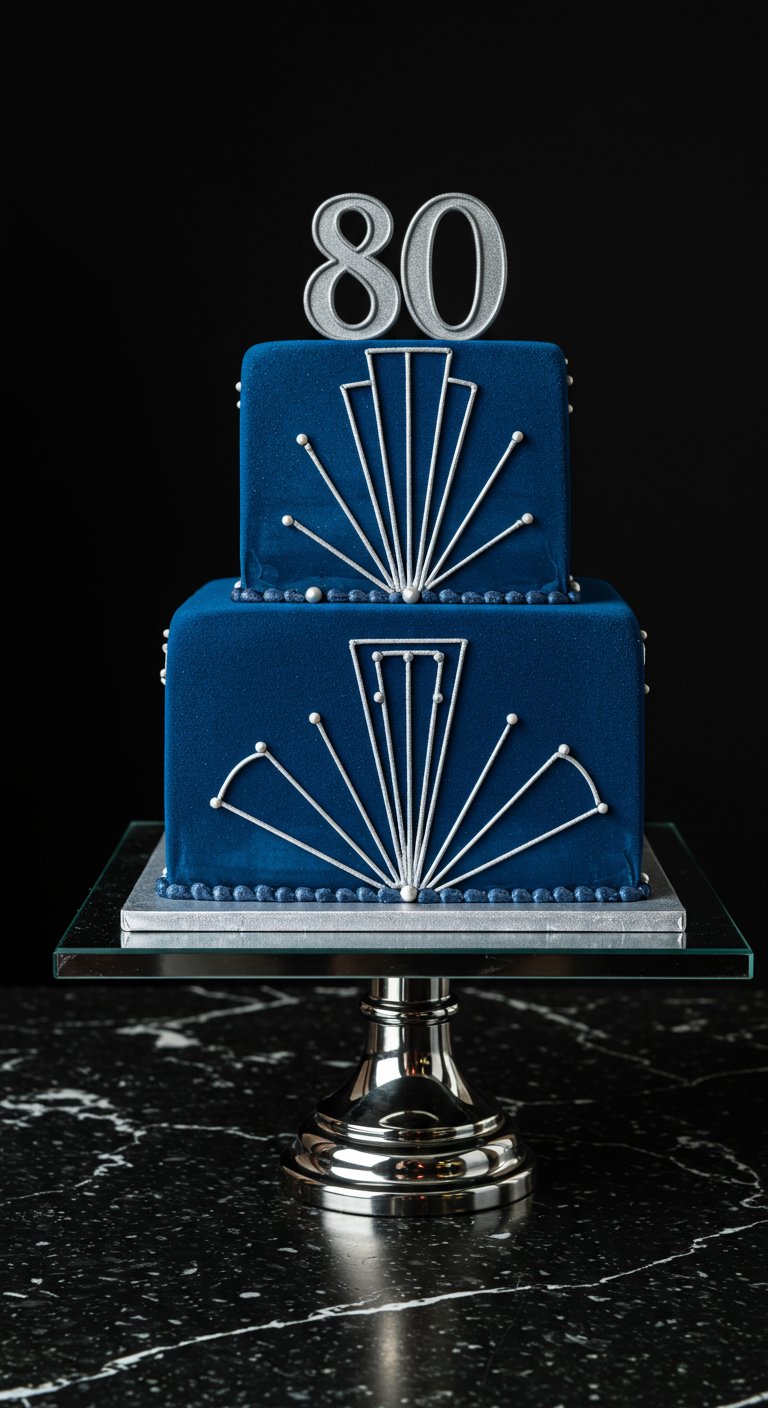 Zweistöckige quadratische, dunkelblaue Samt-Torte mit silbernen Art-Déco-Mustern.
