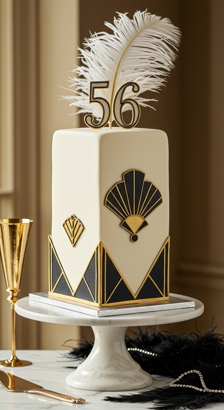 Quadratische Art-Déco-Torte in Cremeweiß mit schwarzen und goldenen Mustern, Feder und Zahl 56.