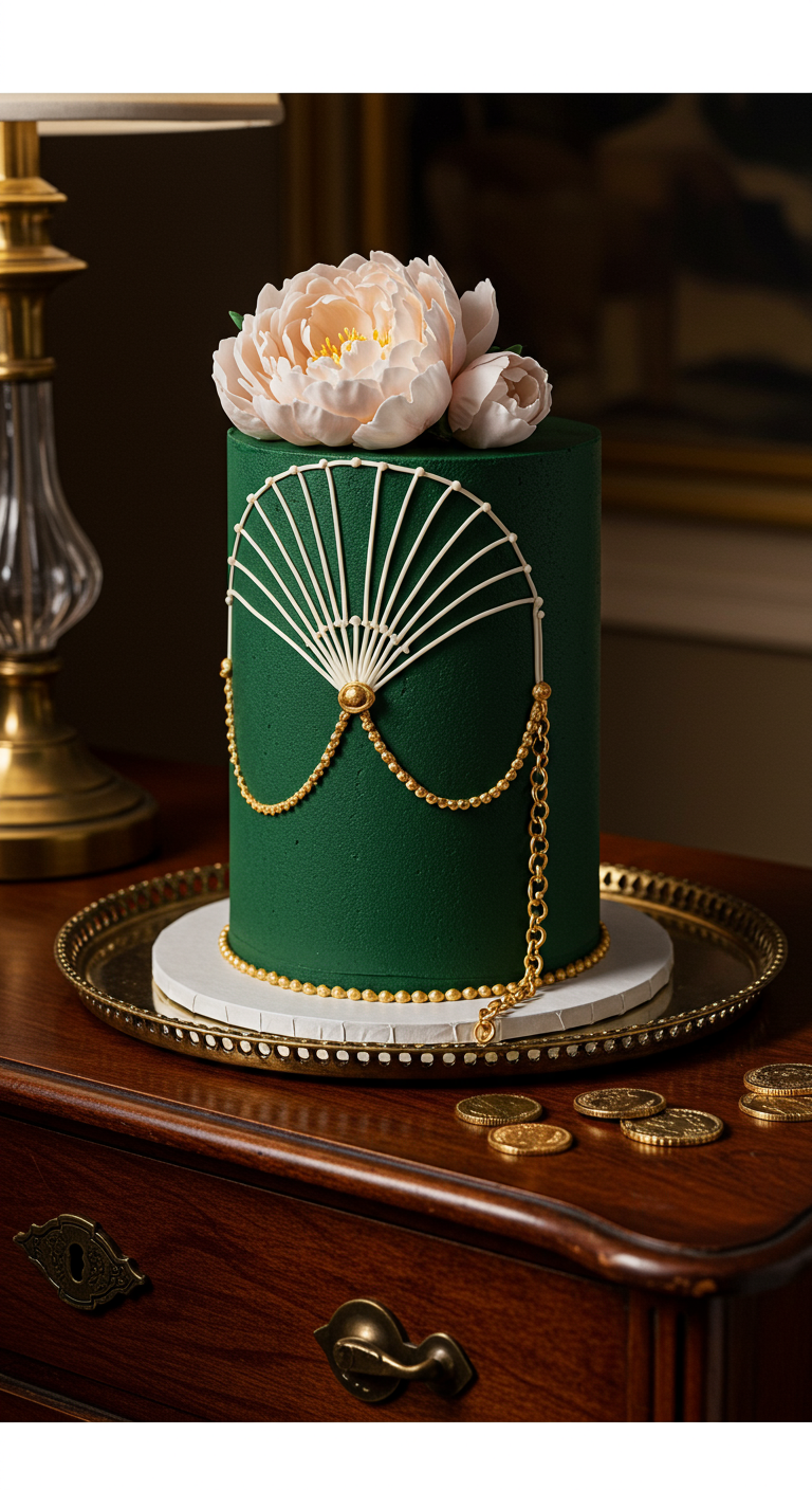 Hohe, smaragdgrüne Torte mit weißem Fächerdesign, Goldkette und Pfingstrose.