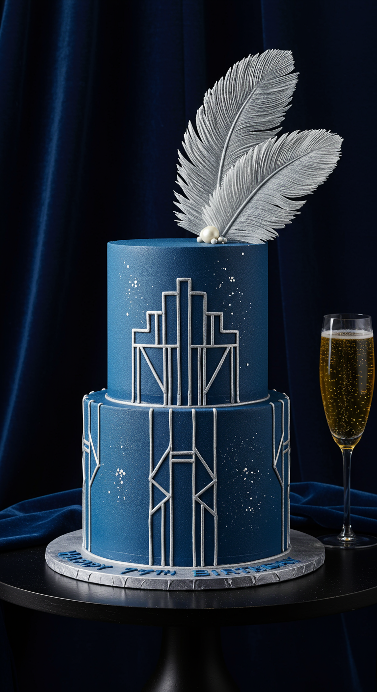 Zweistöckige dunkelblaue Art-Déco-Torte mit silbernen Linien und weißen Federn.