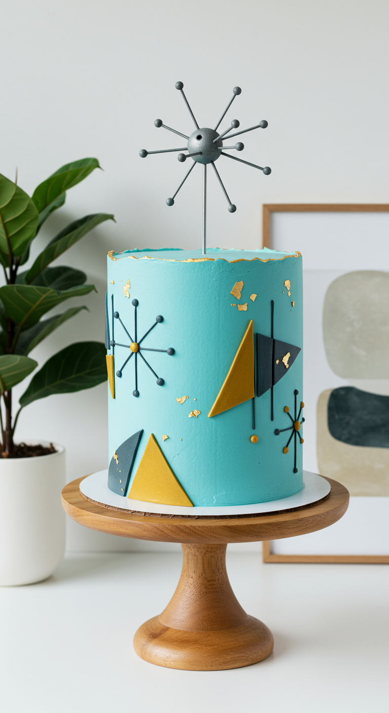 Türkise Torte mit goldenen Akzenten und Sputnik-Topper im Mid-Century-Stil.
