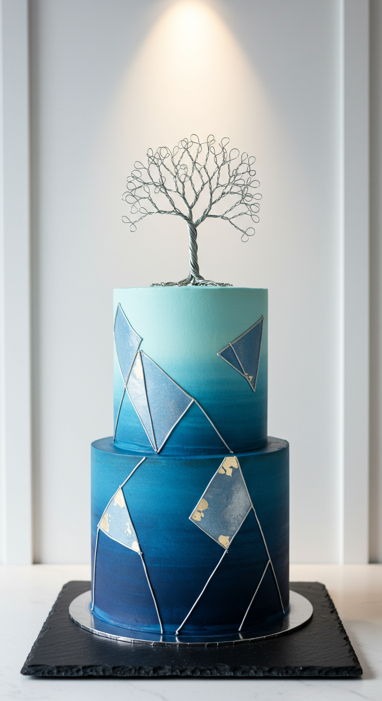 Zweistöckige blau-türkise Torte mit geometrischen Mustern und Drahtbaum-Topper.