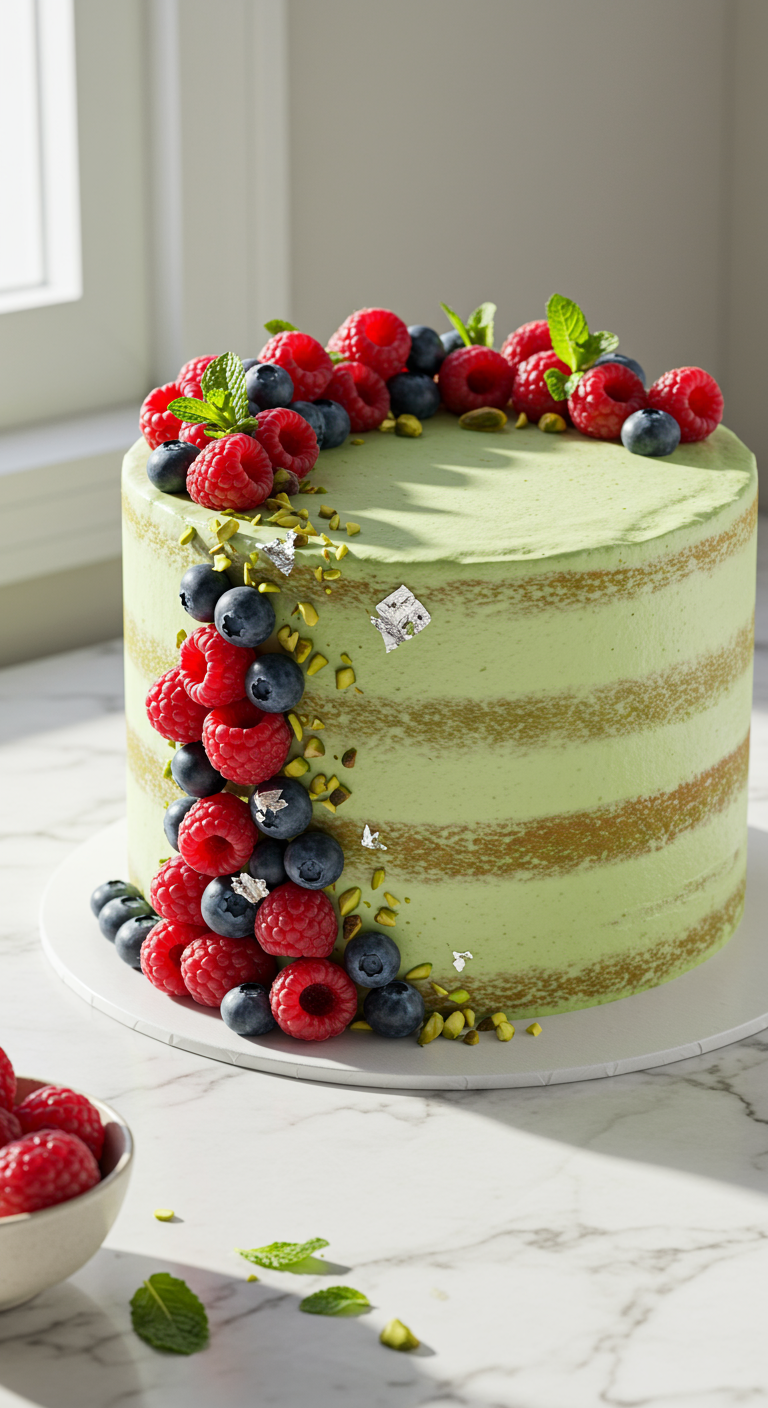 Heller Pistazien-Naked-Cake mit frischen Himbeeren und Blaubeeren.