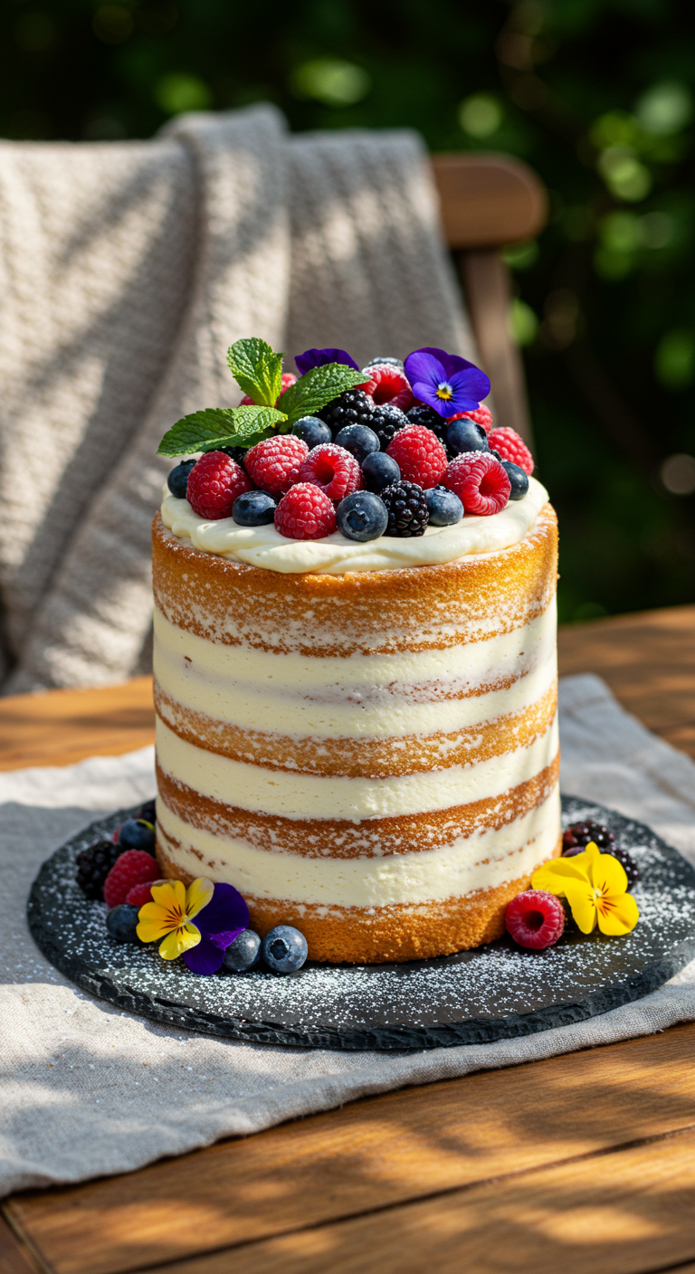 Hoher Naked Cake mit frischen Beeren und essbaren Blüten auf dunkler Schieferplatte.