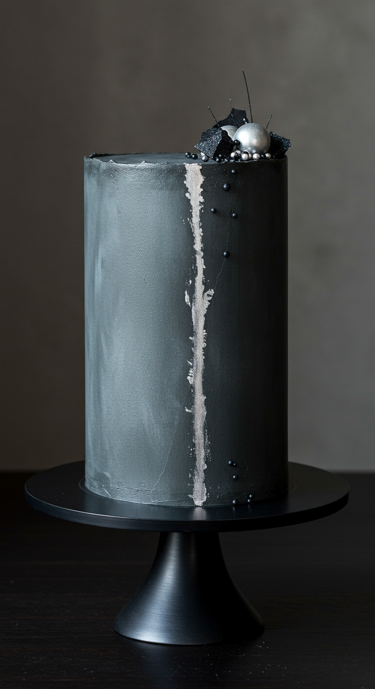 Hohe, dunkelgraue Torte in Betonoptik mit silbernem Streifen und schwarzen Perlen.