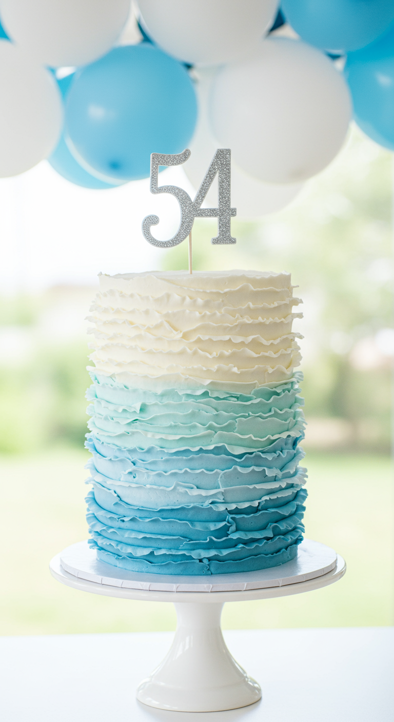Hohe, zylindrische Torte mit blau-weißem Ombré-Effekt aus Buttercreme-Rüschen und