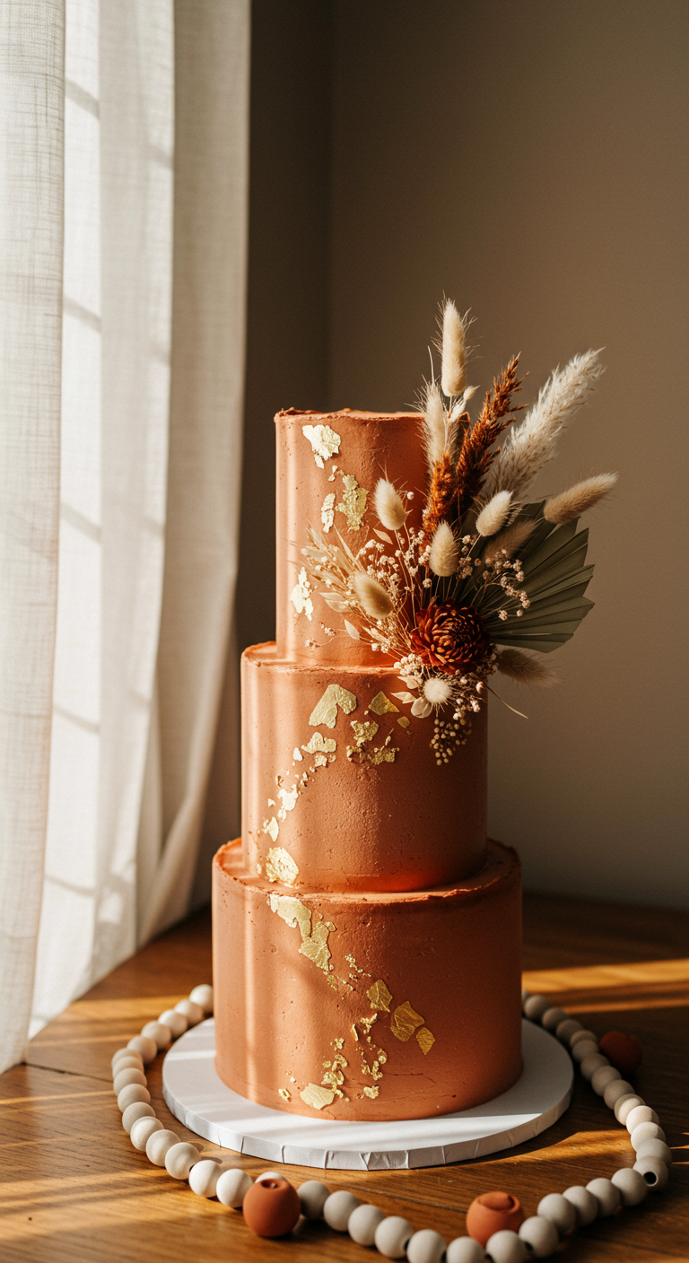 Dreistöckige Terrakotta-Torte mit Trockenblumen und Goldakzenten.
