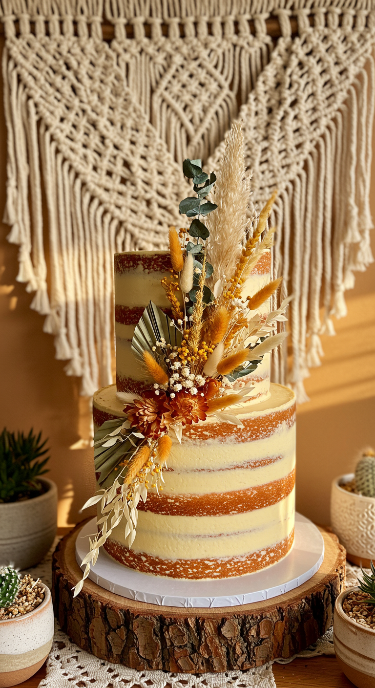 Zweistöckige Naked Cake mit Trockenblumen im Boho-Stil.
