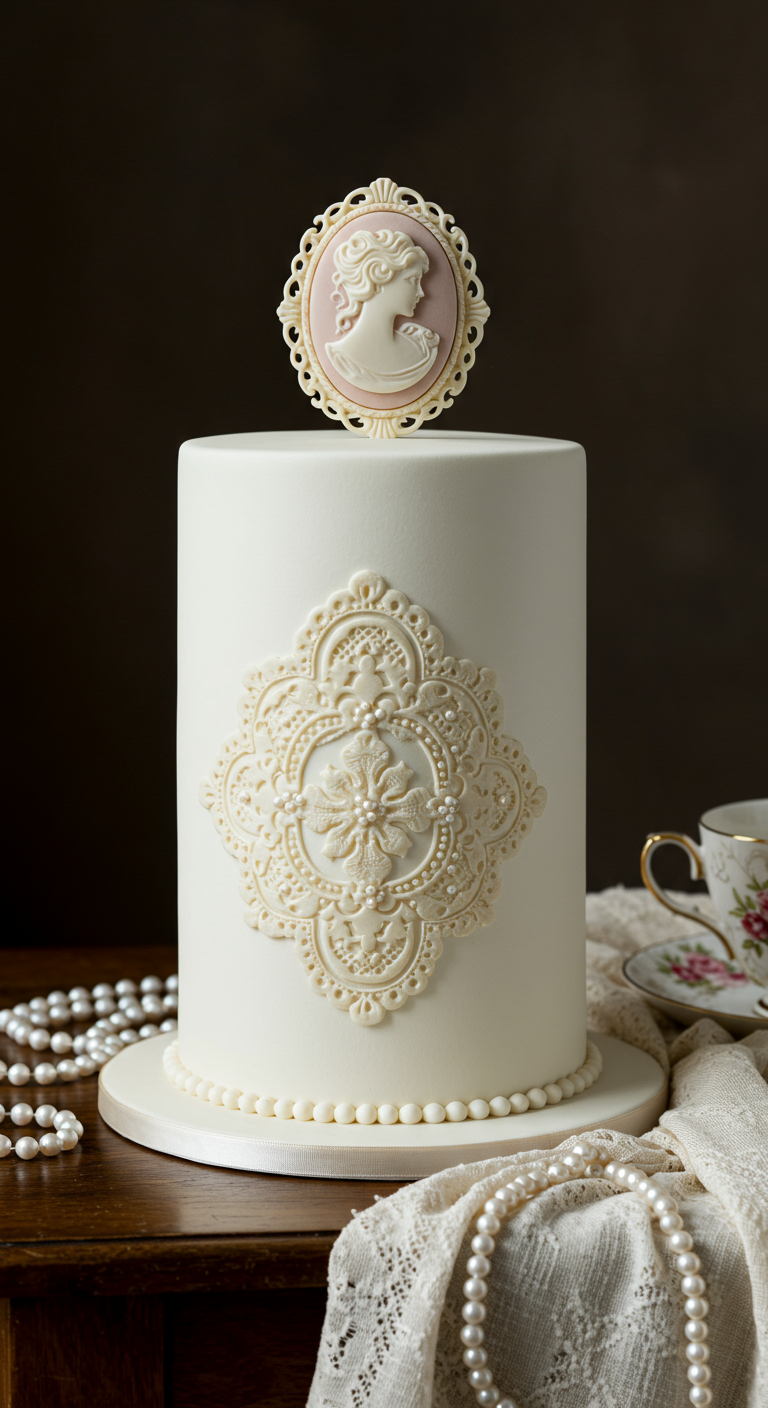 Hohe weiße Torte mit filigranem Cameo-Medaillon und Spitzenmuster aus Zucker.