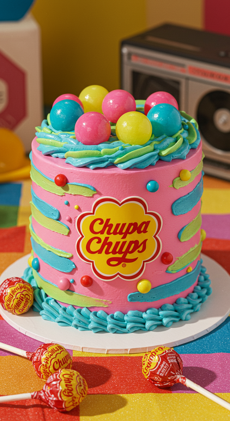 Pinke Y2K-Torte mit bunten Buttercreme-Streifen und Chupa Chups Lollis als Deko.