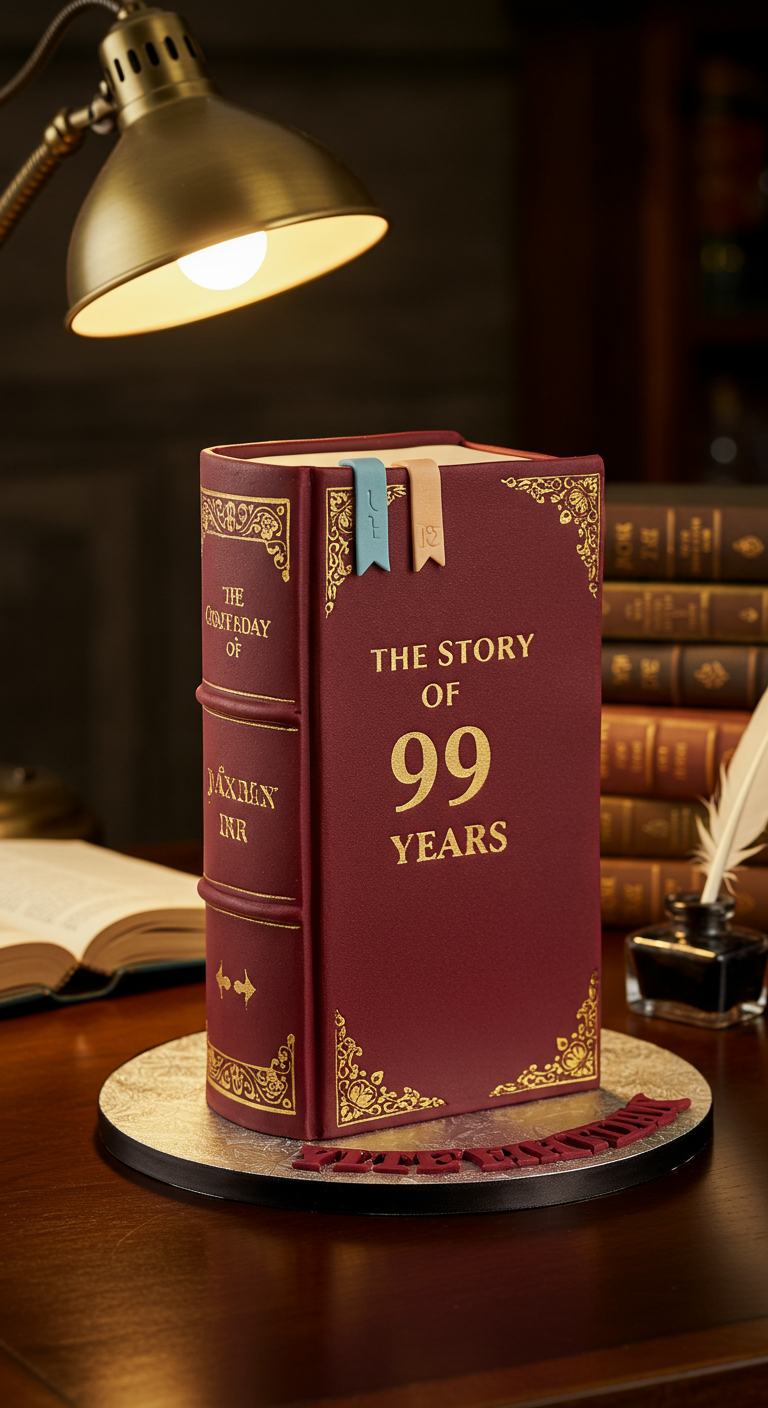 Geburtstagstorte in Buchform für den 99. Geburtstag, rot mit Golddetails.