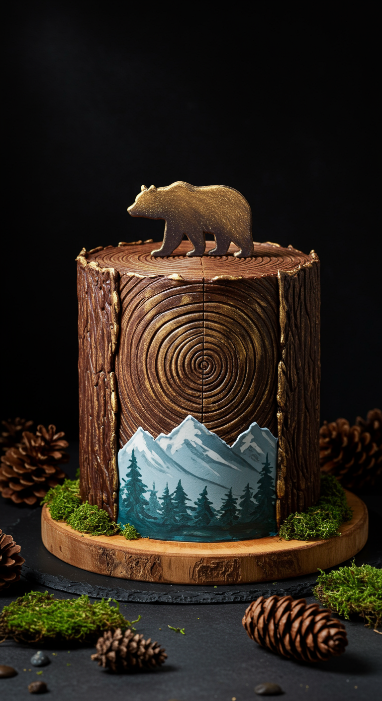 Baumstamm-Torte mit goldenem Bär und Bergpanorama.