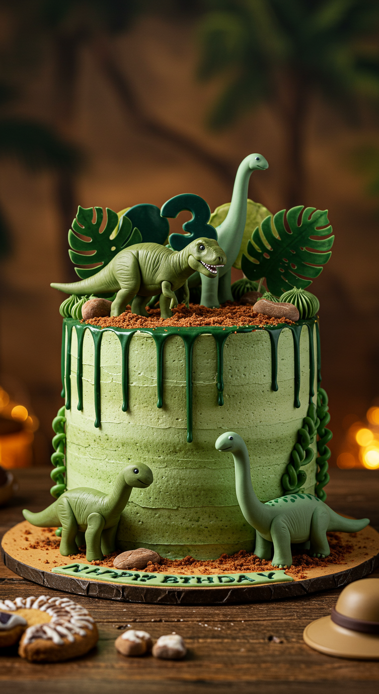 Grüne Dinosaurier-Torte mit Schoko-Drip, Keks-Erde und Spielzeug-Dinos.