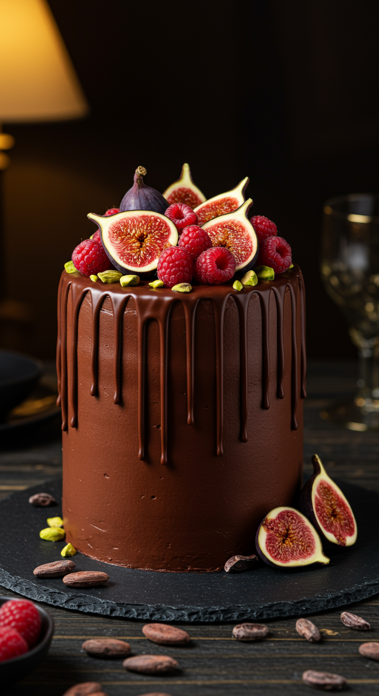 Schokoladentorte mit Drip-Effekt, Feigen, Himbeeren und Pistazien.