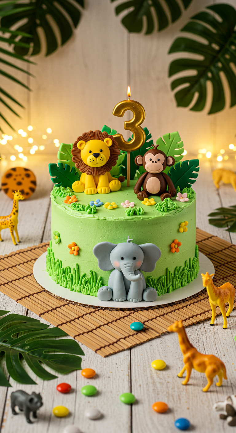 Grüne Torte mit Zucker-Löwe, Affe, Elefant und Kerze