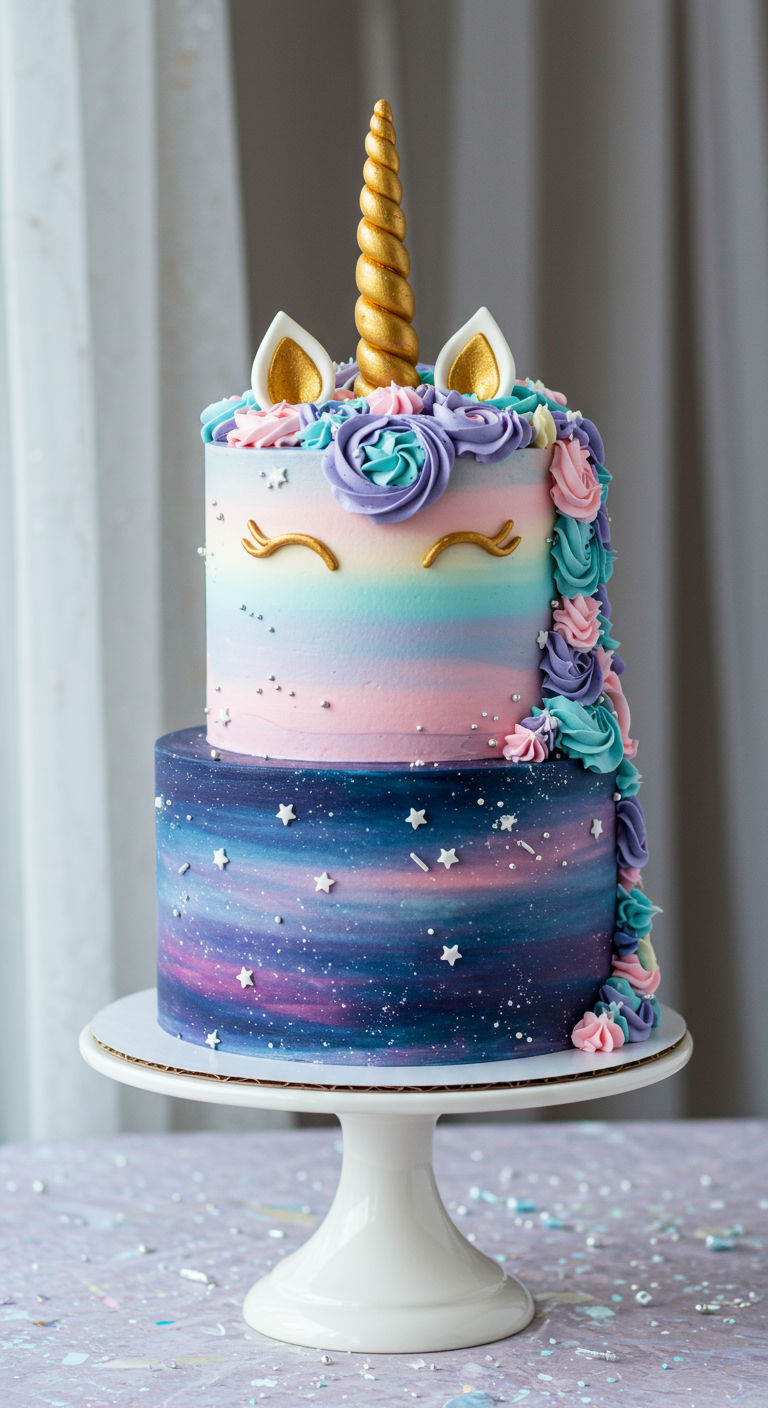 Zweistöckige Einhorntorte mit Galaxie-Muster und bunten Buttercreme-Rosetten.