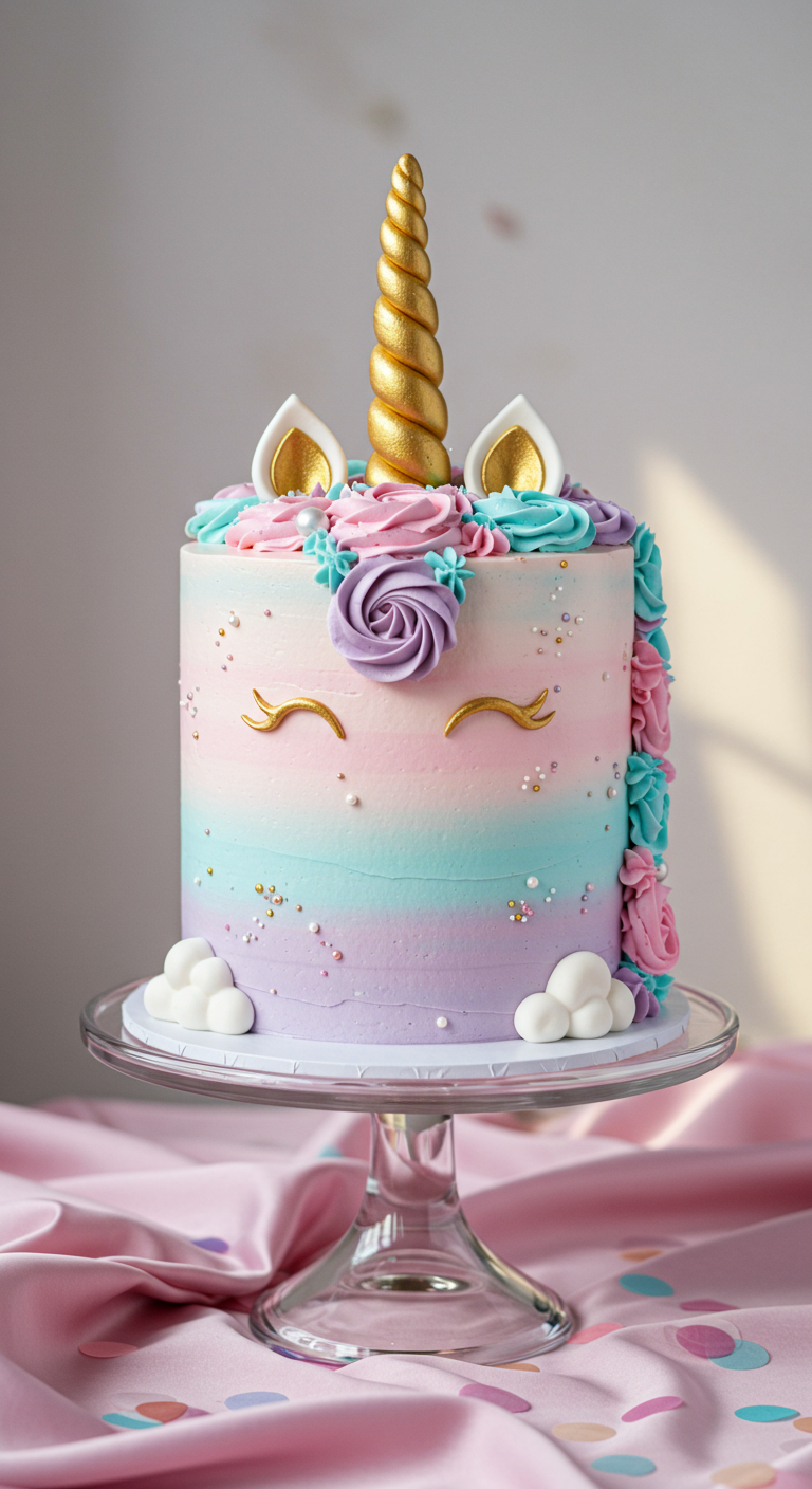 Hohe Einhorntorte mit goldenem Horn, Ohren und bunter Buttercreme-Mähne.