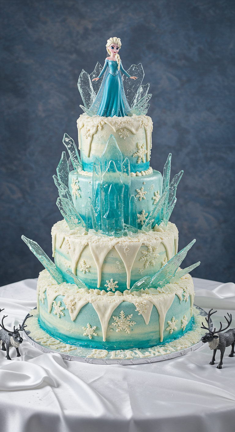 Mehrstöckige Elsa-Torte mit blauer Buttercreme, Eiskristallen und Elsa-Figur.