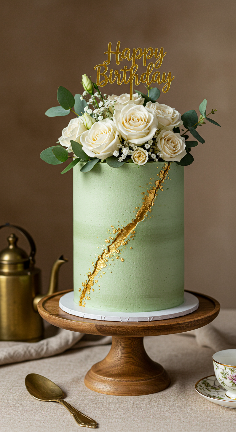 Hohe, mintgrüne Torte mit goldenem Riss (Fault Line) und weißen Rosen, Happy Birthday Topper.