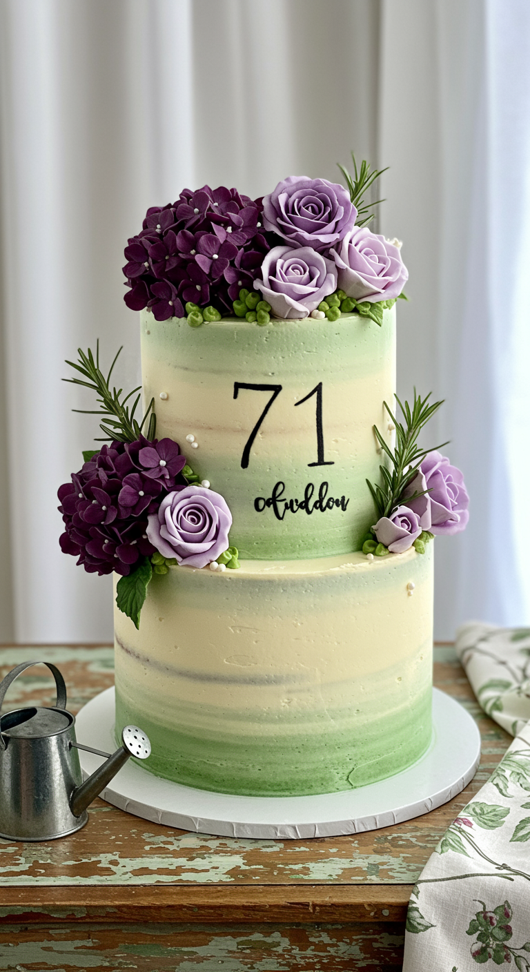 Zweistöckige Torte mit grün-weißem Ombré, lila Zuckerrosen und der Zahl 71.