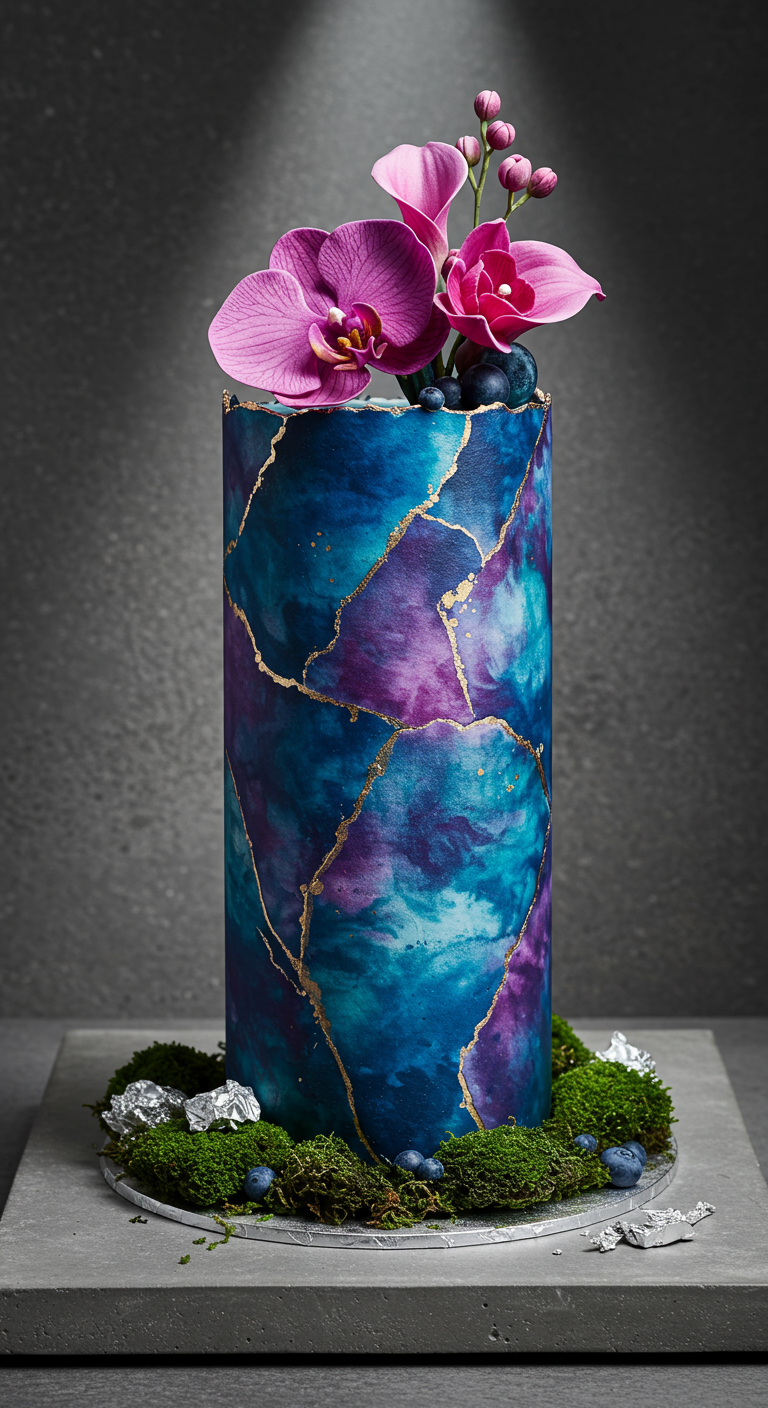 Hohe, blau-lila marmorierte Torte mit Goldrissen und Orchideen-Deko.