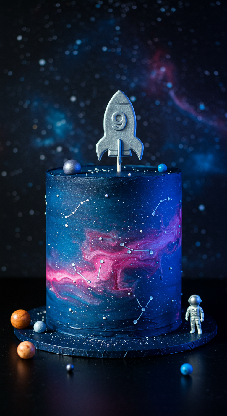 Dunkelblaue Galaxie-Torte mit Sternbildern, Planeten und einer silbernen Rakete mit der Zahl Neun.