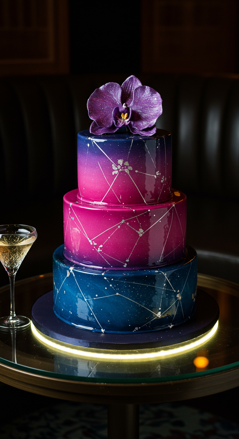Dreistöckige Torte in Pink-, Lila- und Blautönen mit Silberakzenten und Orchidee.