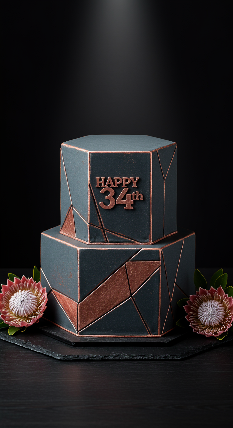 Zweistöckige, anthrazitfarbene Torte in sechseckiger Form mit kupferfarbenen geometrischen Linien.