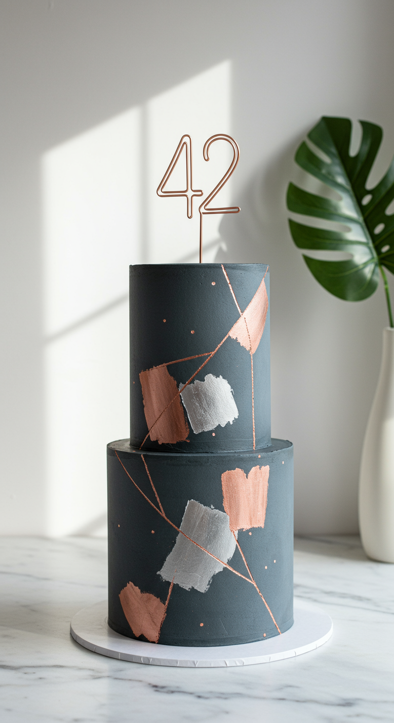 Moderne zweistöckige graue Torte mit Kupfer- und Silberakzenten und Zahl 42.