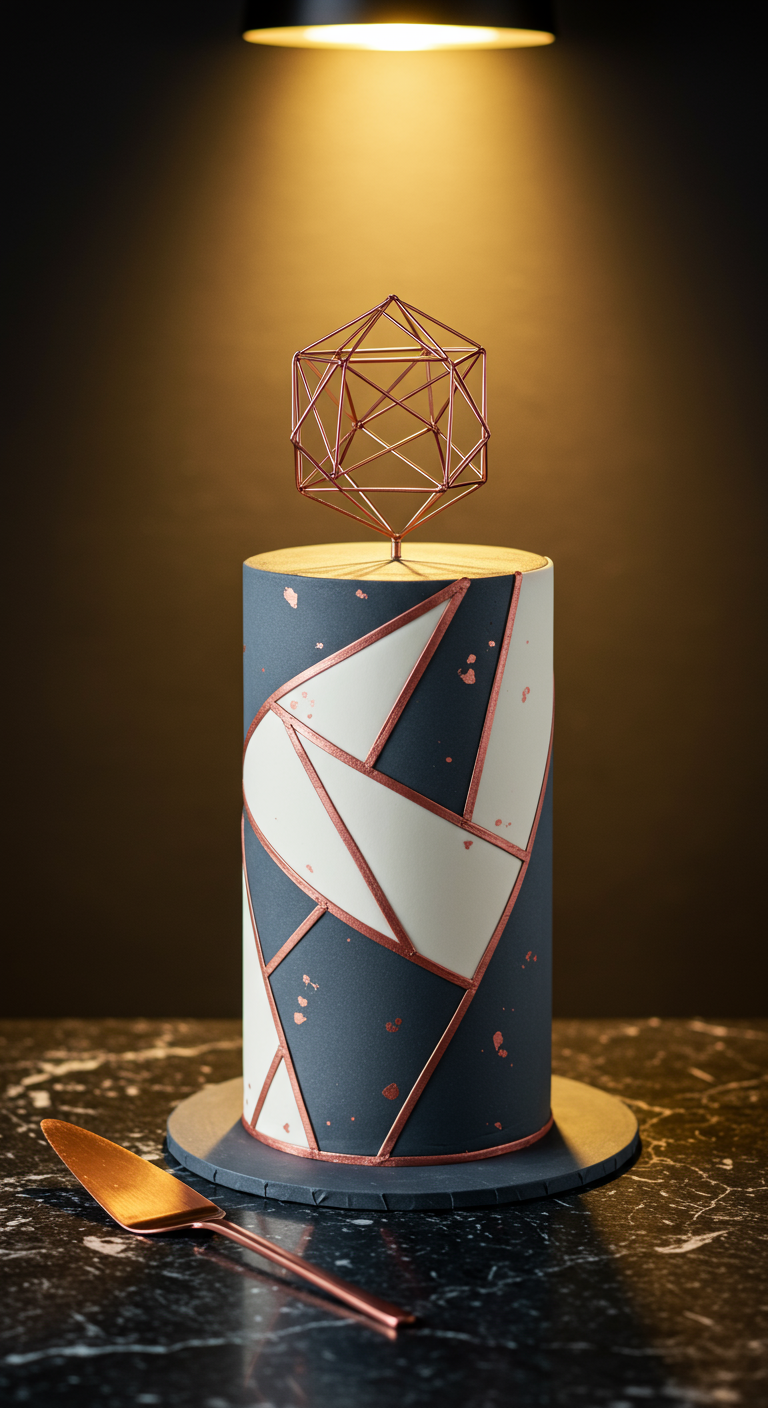 Hohe dunkelgraue Torte mit weißen geometrischen Formen und Roségold-Details, geometrischer Topper.