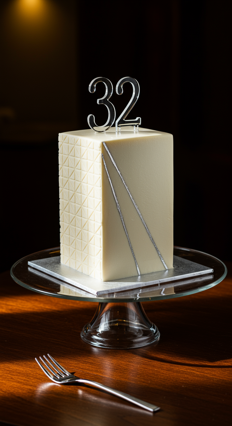 Quadratische weiße Torte mit Gittermuster und silbernen Linien, Zahl 32 obenauf.